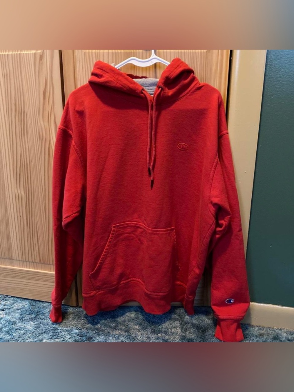 Champion Red Hooded Pullover with Subtle Logo
